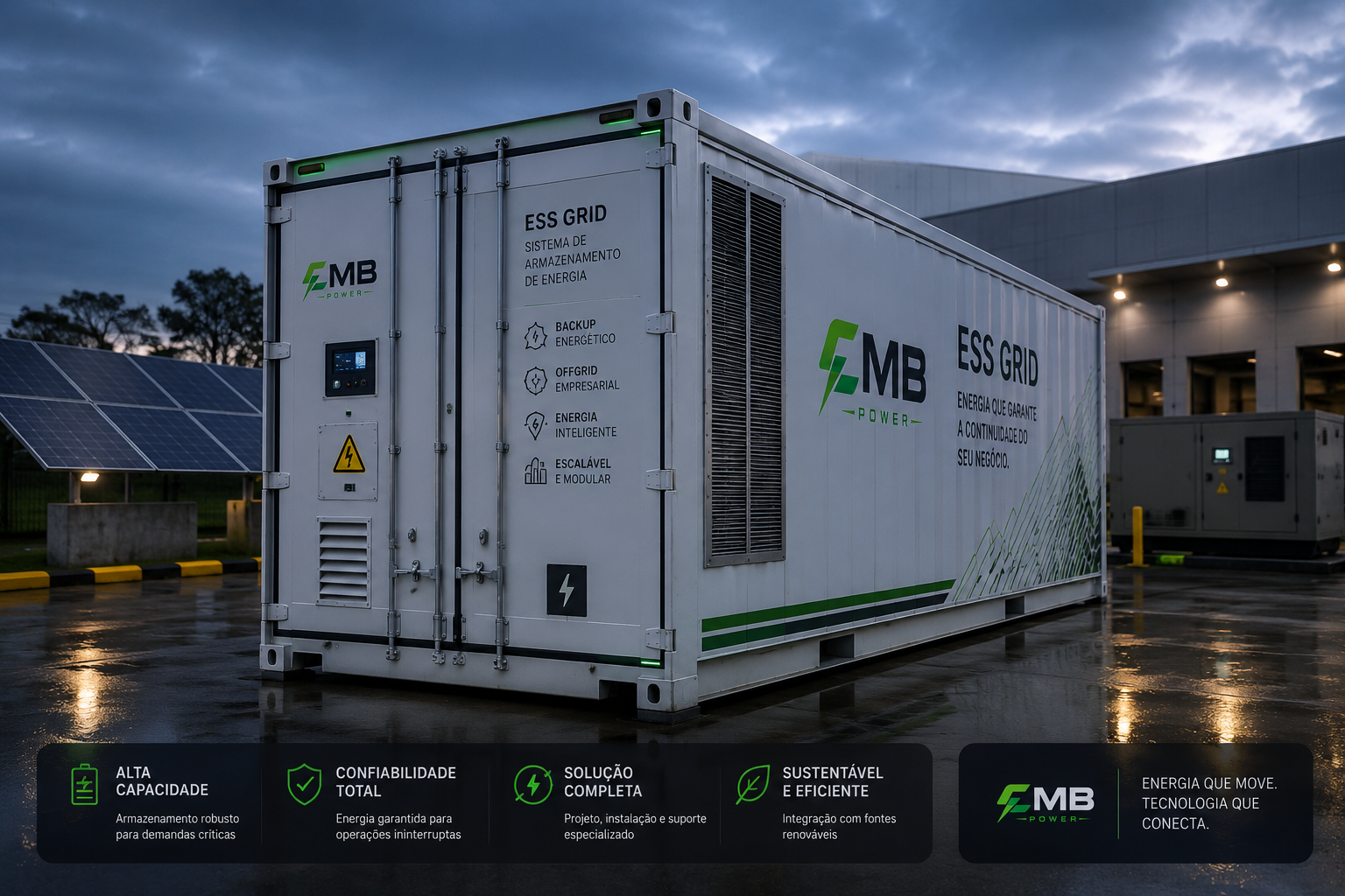 Contêiner ESS Grid CMB Power em pátio industrial ao entardecer