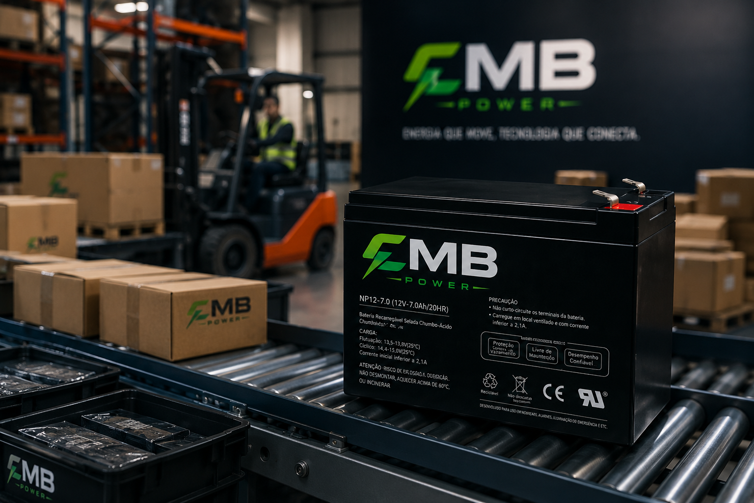 Bateria AGM CMB Power em ambiente de fábrica