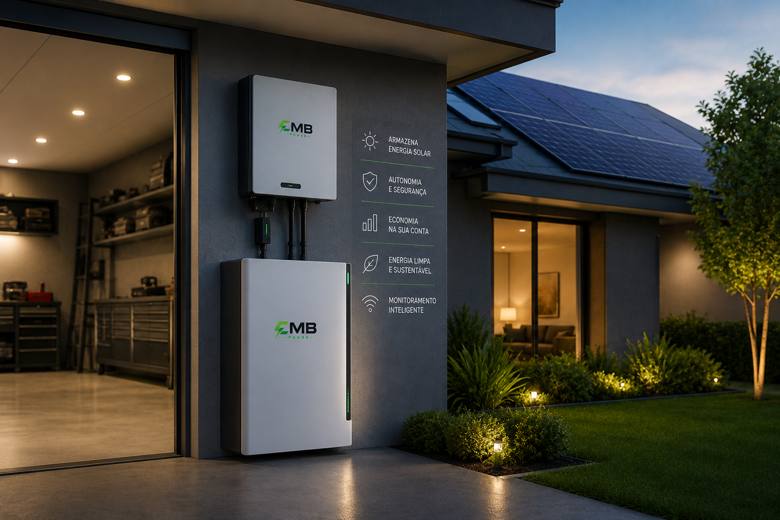 Solar Power Wall CMB Power instalado em residência com painéis solares